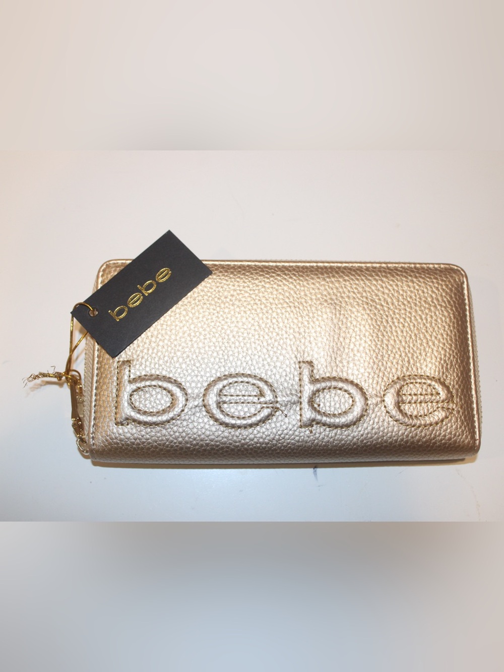 NWT Bebe Bailey Metallic Gold Pebbled Zip Around Continental Wallet Clutch